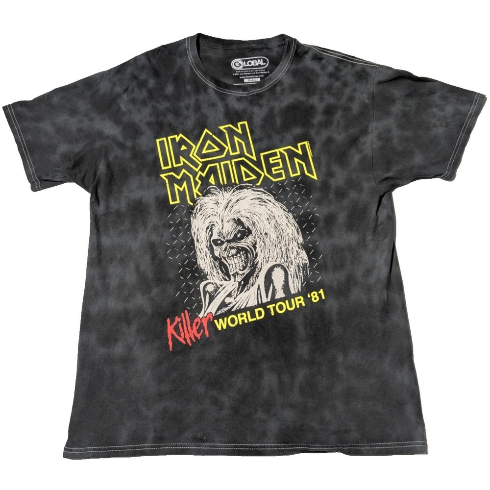 IRON MAIDEN Killer World Tour 1981 Retro Black Dye T-Shirt - Men Oversized Small